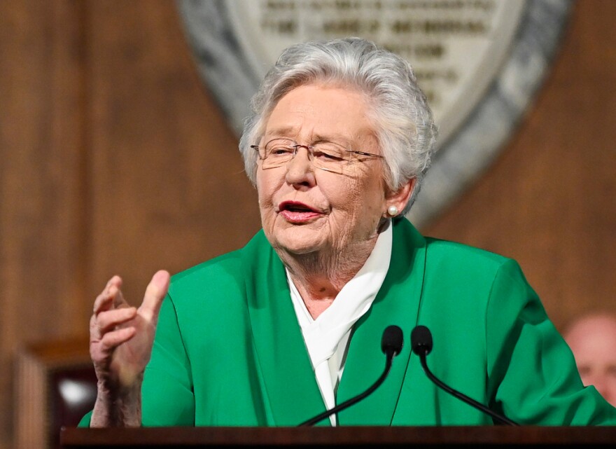 FILE - Alabama Gov. Kay Ivey delivers her State of the State address March 7, 2023, in Montgomery, Ala. (AP Photo/Julie Bennett, File)
