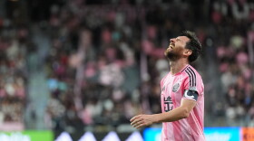 Inter Miami forward Lionel Messi reacts following an unsuccessful scoring attempt during the first half of an MLS soccer match against CF Montreal, Saturday, Aug. 29, 2026, in Miami.