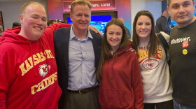  From left, Ben Teigland, NFL Commissioner Roger Goddell, Iryna Yeremenko, Abby Teigland, and Kit Yeremenko at the 2023 Super Bowl in Glendale, Arizona.