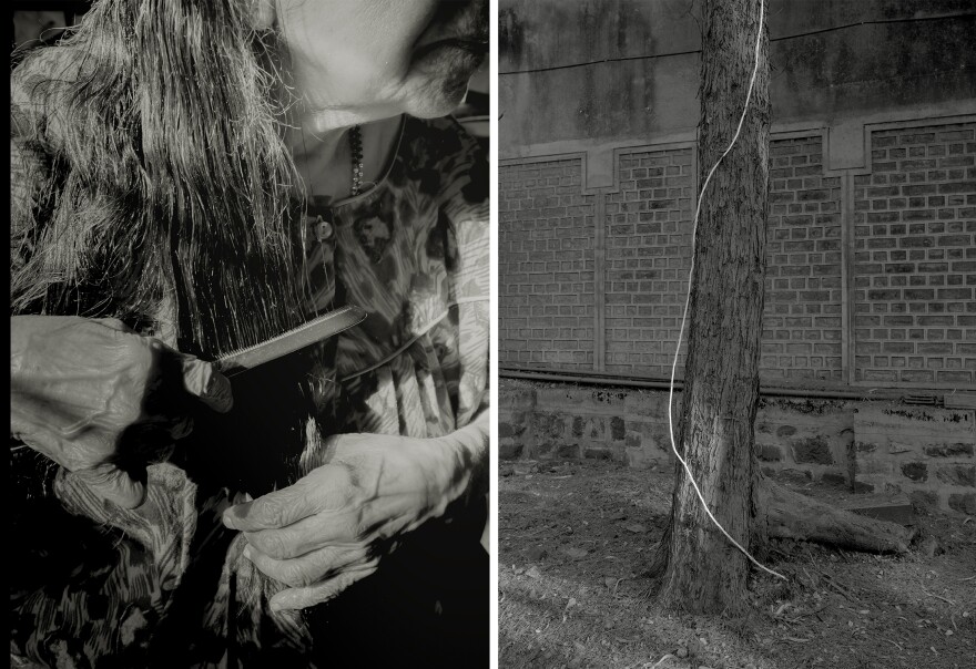 Left: Hirve's grandmother combs her hair. Right: Documenting the area around her grandparents' house. "I couldn't see where the wire was coming from or leading to, but it felt like a thread of hope," Hirve says.