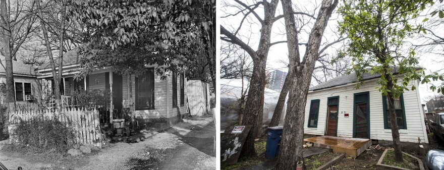 At left, a photograph of 71 Rainey St. from 1980 (Courtesy/Texas Historical Commission). At right, the home as it looks today. (Gabriel C. Pérez/KUT)