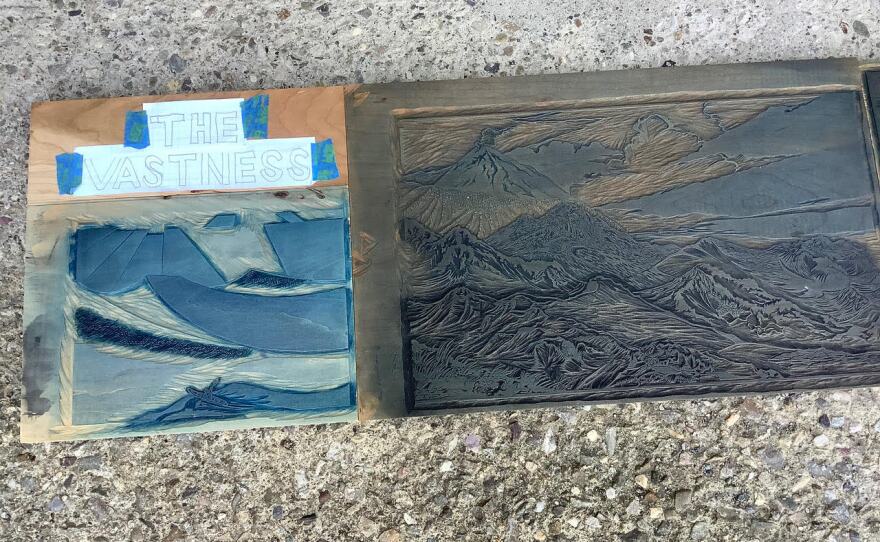 Ray Hudson's woodblock art in progress at his studio in Vermont.