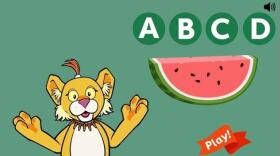 A cartoon female lion is standing next to a slice of watermelon and the letters A, B, C, and D. 