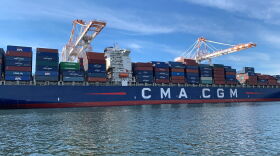 This CMA CGM cargo ship began its journey in Singapore. It made stops in Vietnam, South Korea, and China before sailing across the Pacific Ocean, through the Panama Canal, and arriving at Port Tampa Bay in early December. BRADLEY GEORGE/WUSF PUBLIC MEDIA