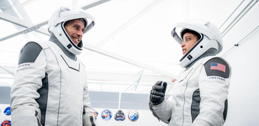 From left, SpaceX Crew-13 Pilot Luke Delaney and Commander Jessica Watkins, both NASA astronauts, are pictured in their pressure suits during a training session at SpaceX headquarters in Hawthorne, California.