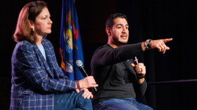 Democratic nominee for U.S. Senate Abdul El-Sayed, right, speaks at a town hall with End Citizens United President Tiffany Muller, left, in Lansing, Mich., on Oct. 9, 2026.