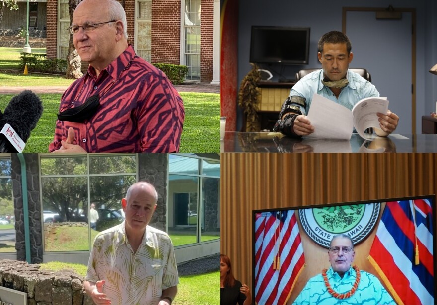 (Clockwise from top left) Honolulu Mayor Rick Blangiardi, Kauai County Mayor Derek Kawakami, Hawaii County Mayor Mitch Roth and Maui County Mayor Mike Victorino