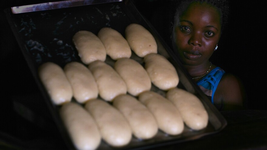 Unsold fufu — a Liberian staple food — sits on a tray in Mrs. Quaye's restaurant in Liberia, where customers have been slow to return.