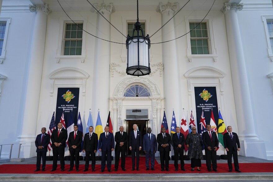 File - President Joe Biden, center, poses for a photo with Pacific Island leaders on the North Portico of the White House in Washington, Thursday, Sept. 29, 2022.