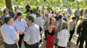 Attendees gather for a topping-out ceremony near the new Gilcrease Museum on Wednesday, July 26, 2023