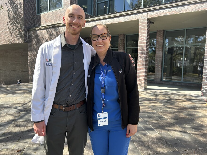 Lisa Bush, a Jackson Memorial Hospital trauma nurse, and Casey Mohrien, a resident physician at Miami’s Jackson Memorial Hospital.