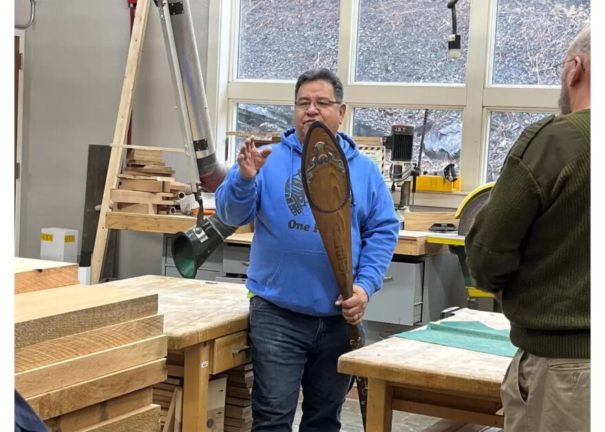 Doug Chilton instructs Wrangell residents on how to make a paddle on March 8, 2024 at the Wrangell High School’s woodshop.