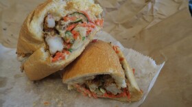 Grilled shrimp with crunchy vegetables makes for a modern po-boy from Killer PoBoys in the French Quarter