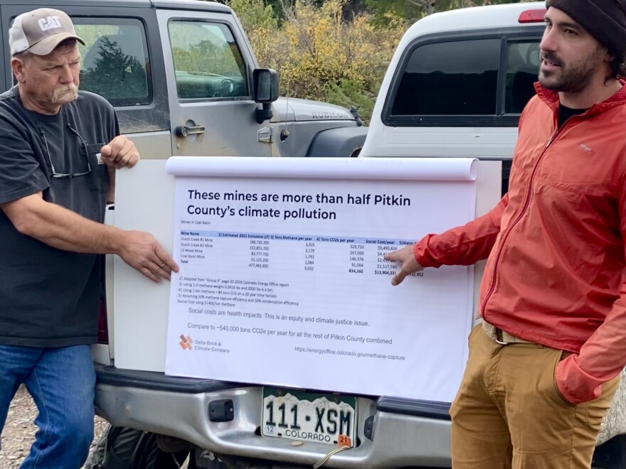 Climate scientist Chris Caskey and mining infrastructure expert Eric Edwards present a graph showing the amount of methane leaking out of the abandoned mines in Coal Basin. Caskey estimates the fugitive methane is equivalent to over half of the county’s reported CO2 emissions each year.