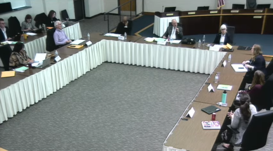 Board members at the Eyles' hearing. From left to right: Stephanie Kraybill, Hugh McManus, Superintendent Dr. Charles Foust, Pete Wildeboer, Pat Bradford, Stephanie Walker, Melissa Mason, and Josie Barnhart.