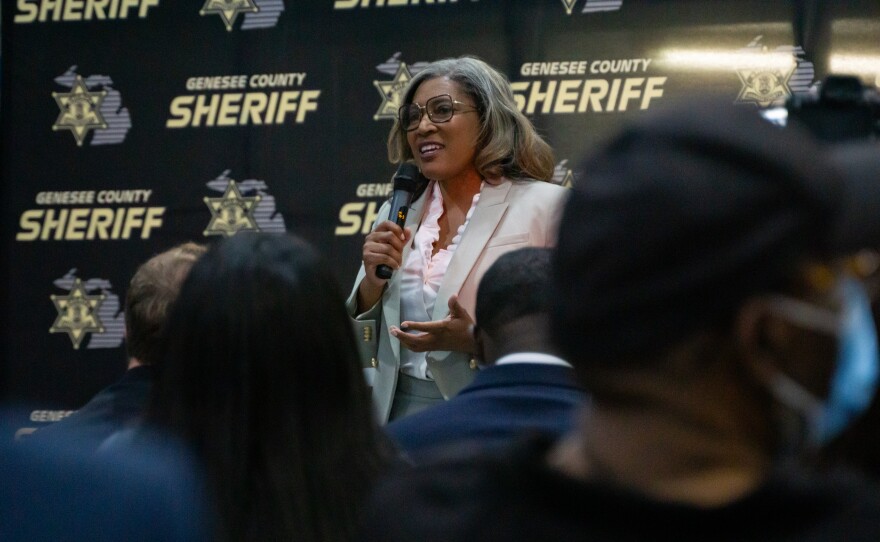 Democratic 8th Congressional District candidate Pamela Pugh speaks to inmates at the Genesee County jail during the congressional candidate forum on Thursday, July 11, 2024, in Flint, Mich.