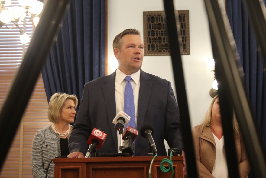  Kris Kobach speaking to reporters