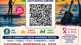Flyer for the 2nd annual Pick, Paddle & Play Beach Jam, a free community cancer awareness festival on Saturday, Nov. 14, 2026, from 10 a.m. to 8 p.m. at Causeway Cove Marina in Fort Pierce, Florida. A silhouetted paddleboarder, palm trees and a guitar frame a sunset beach scene with a QR code to register. The sunrise session (10 a.m.-4 p.m.) features paddleboarding, races, cornhole and beach games, vendors and food trucks, live music and an all-day Chinese auction. The sunset session (4-8 p.m.) includes bands to be announced, an auction finale, a sunset social and a VIP Golden Ticket experience. A portion of net proceeds benefits Friends in Pink, a local nonprofit supporting those affected by breast cancer. Organized by Stabilize Revitalize Fort Pierce; register on Eventbrite or at stabilizerevitalizefortpierce.org/pick-paddle-and-play-beach-jam.