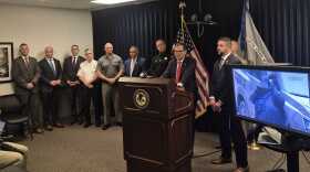 Officials, including First Assistant U.S. Attorney John A. Sarcone III, at a news conference Thursday, Aug. 20, 2026, about an Albany woman's alleged plan to blow up the New York State Capitol building.