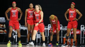 The Atlanta Dream team walks onto the court during the game against the Indiana Fever on August 2, 2020 at Feld Entertainment Center in Palmetto, Florida.
