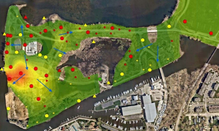 Aerial view of the location of the J.B. Sims Generating Station site on Harbor Island, Grand Haven