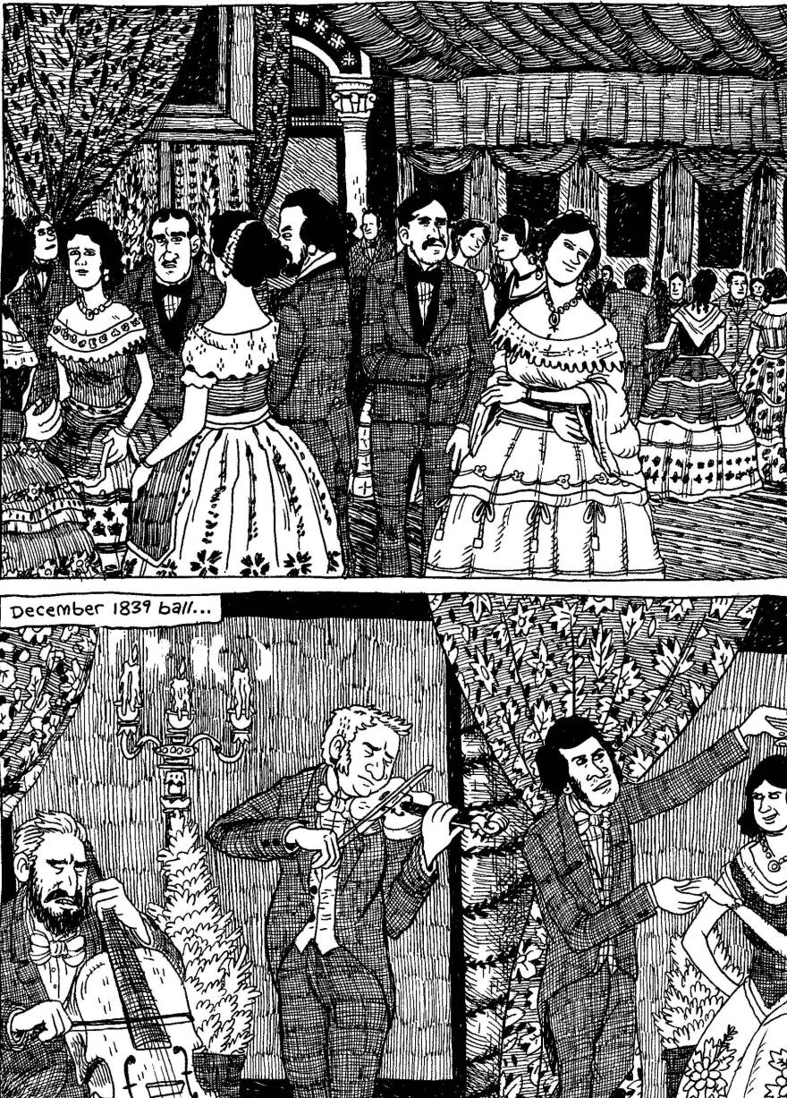 Fancy types, cuttin' loose. From <em>The Hypo: The Melancholic Young Lincoln</em> © 2012 Noah Van Sciver