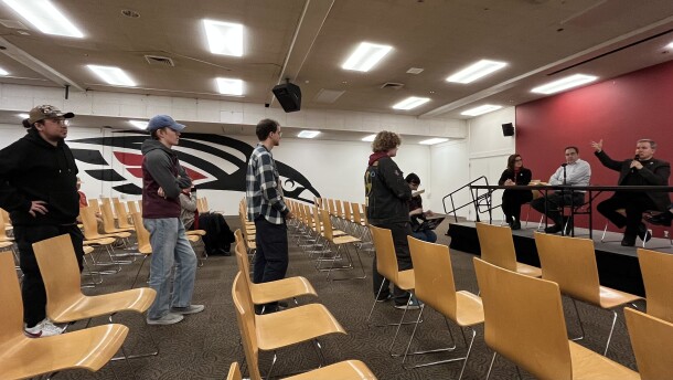 Students line up to ask Southern Oregon University administrators questions at a town hall on Feb. 25, 2026.