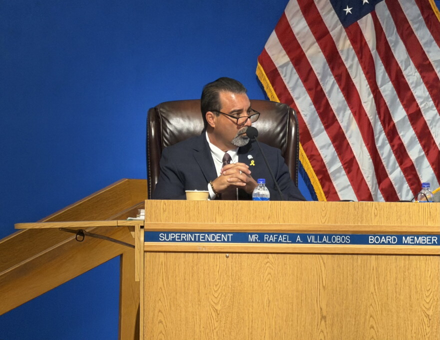 Superintendent Rafael Villalobos at Wednesday's school board meeting and budget hearing, his firsts as chief.