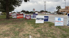 Political campaign signs line the grass by the street 