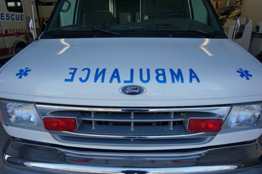 The hood of a white ambulance