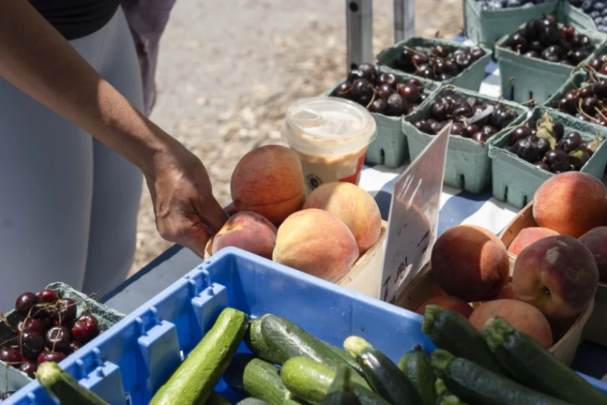 A customer buys fresh fruit from a vendor at Green City Market in Lincoln Park on Wednesday.