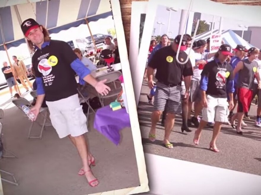 In this ad from Republican Stewart Mills, his wife Heather says he dons pink heels each year to raise money for victims of domestic violence.