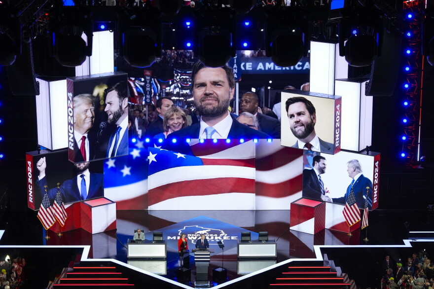 Republican vice presidential candidate Sen. JD Vance, R-Ohio, during the Republican National Convention Monday, July 15, 2024, in Milwaukee.