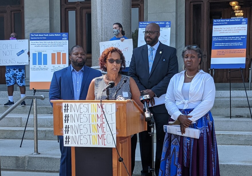 State Rep. Toni Walker speaks outside the state Capitol on Aug. 6, 2021. Walker and other Democrats say Connecticut's juvenile justice system is on the right path, despite criticism from some lawmakers who believe it's too lenient.