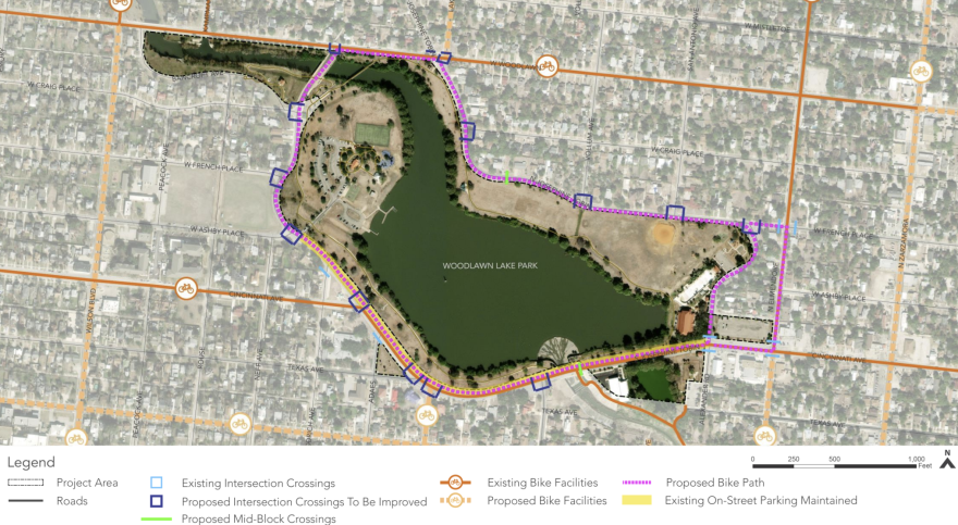A proposed outline of what a bike path around Woodlawn lake could look like
