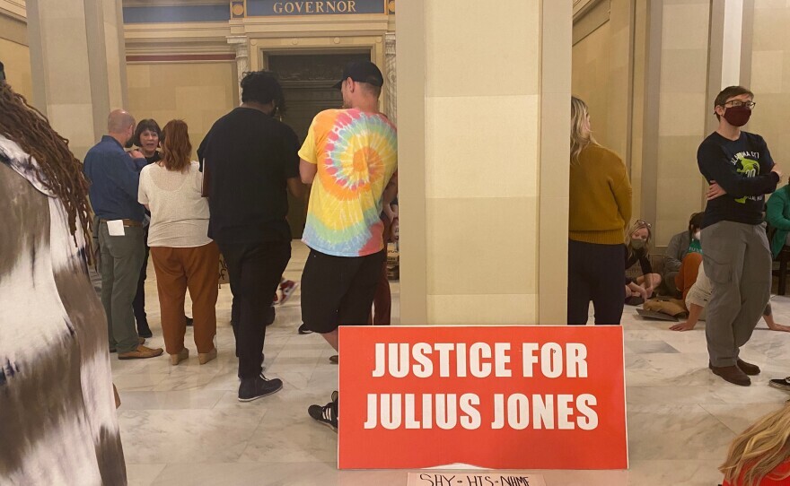 Supporters of Julius Jones wait outside the Governor's office at the state Capitol on Nov. 16, 2021