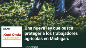 En la imagen se puede observar a dos trabajadores agricolas vestidos piscando fruta en una granja. En el lado inferior de la imagen esta el logo de Que Onda Michigan sobre un fondo blanco. En la parte derecha las siguientes palabras estan escritas: "Una nueva ley que busca proteger a los trabajadores agrícolas en Michigan "  y "Repetido". 