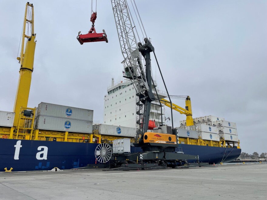 Containers filled with bananas are being offloaded of the Port of Hueneme in Oxnard. The port gets between five and seven vessels a week.