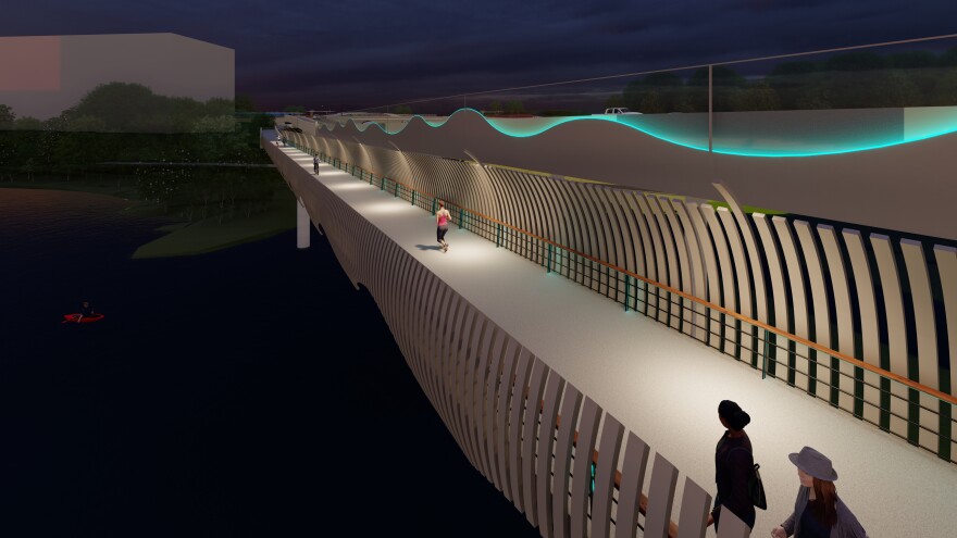 An illustration of the shared-use path along the side of the new I-35 bridge over Lady Bird Lake. A long green light runs the span. A woman is jogging down the path.