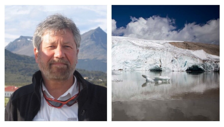 Climate scientist Paul Mayewski outdoors with mountain in background; image of glacier with sea water in foreground