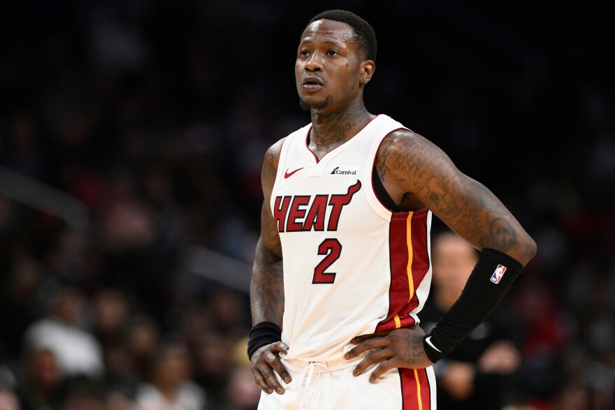 FILE - Miami Heat guard Terry Rozier (2) looks on during the second half of an NBA basketball game against the Washington Wizards, March 31, 2024, in Washington.