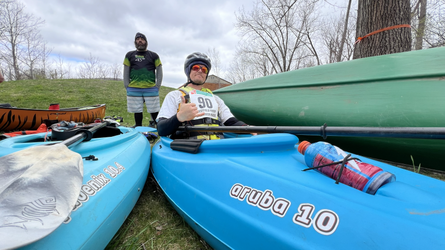 Craig Riel, posing in his aruba 10 kayak as paddlers waited for their turn to launch from Huntington, MA, Saturday, April 18, 2026.