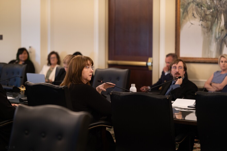 Sen. Mary Boren, D-Norman, asks to be entered into the queue for questioning of District 12 Attorney Matthew Ballard during a Joint State-Tribal Relations Committee on May 21, 2025, in a fourth-floor committee room at the Oklahoma State Capitol.