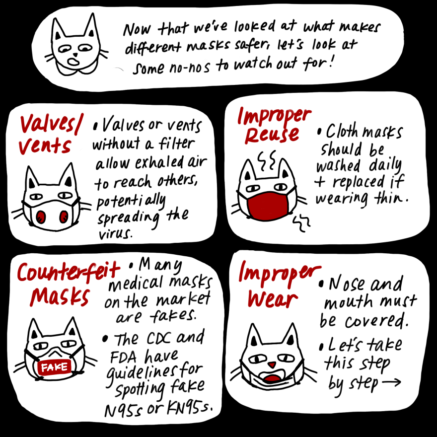 Some mask no-nos: valves or vents without a filter, reusing masks without washing, counterfeit masks, or improperly wearing a mask.