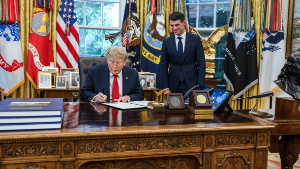 U.S. Representative Rob Bresnahan Jr. joins President Donald J. Trump as he signs an executive order reversing the Obama-era executive order that they say created the “rain tax."