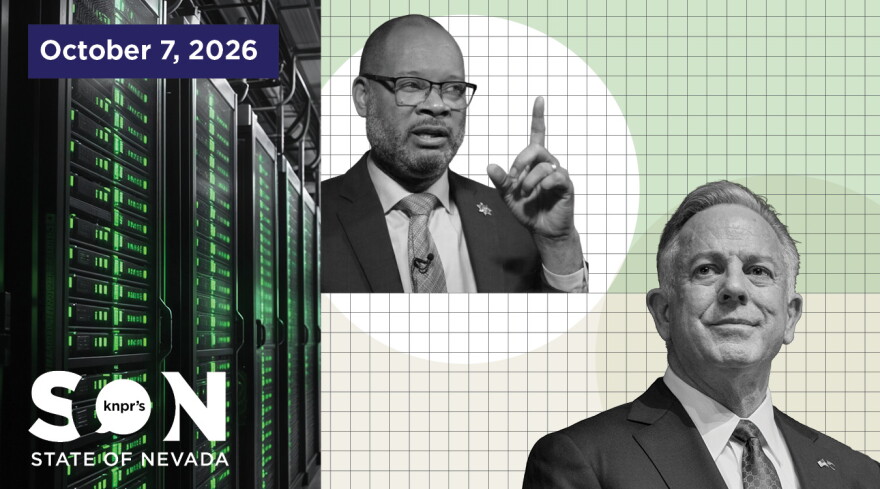 Photo illustration featuring image of Nevada Attorney General Aaron Ford, Governor Joe Lombardo, and data center computers