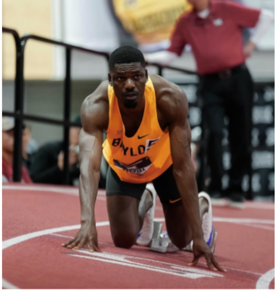 Senior sprinter Nathanial Ezekiel lines up for the 400-meter race in the Big 12 Indoor Championship hosted at Texas Tech on February 28. Baylor Athletics.