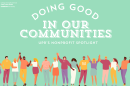 A graphic includes illustrated people holding hands in a line at the bottom. White text reads "Doing Good in Our Communities, UPR's nonprofit spotlight." 