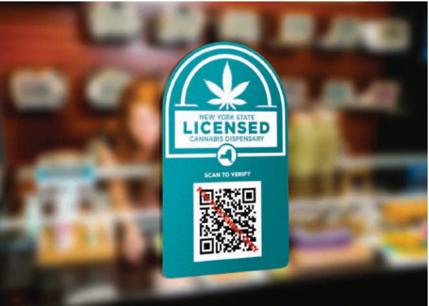  Legal cannabis dispensaries in New York will have a verification card like this posted by the entrance. Customers can scan the QR code to validate the store they are entering is state-licensed.