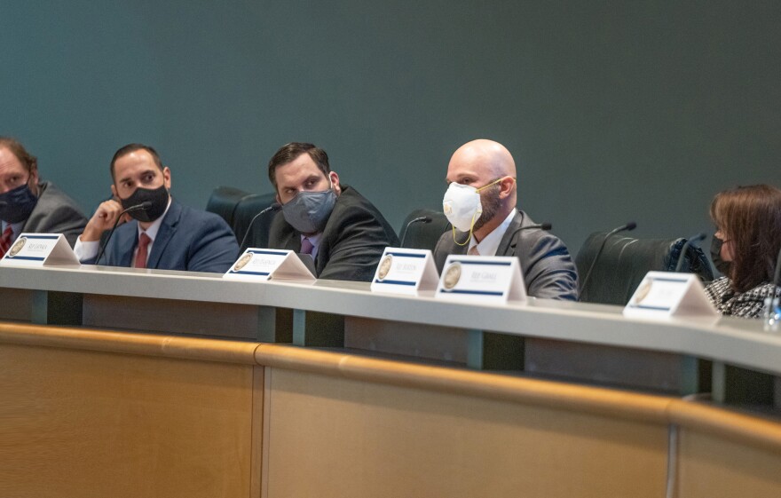 Rep. Rene Plasencia, second from right, participates in an appropriations committee meeting earlier this year. A former teacher and coach, Plasencia chairs the higher education budget committee in the House.